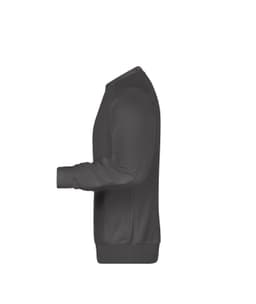 A dark grey men's jumper with long sleeves and ribbed cuffs, featuring a logo on the side.
