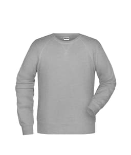A grey men's sweatshirt with long sleeves and a round neckline, featuring simple stitching and a logo.