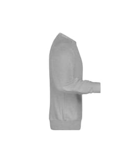 A grey men's sweater with long sleeves and a crew neckline, featuring ribbed cuffs and hem. It has a logo.