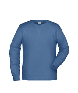 A blue men's sweatshirt with a crew neckline and long sleeves, featuring a logo on the label.