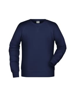 A navy blue men's jumper with a round neck and long sleeves, featuring a logo on the front.