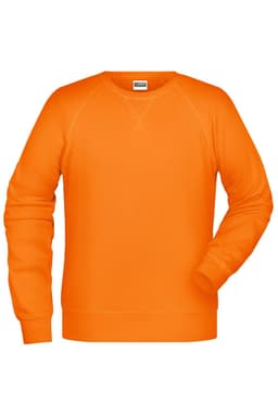 An orange men's sweatshirt with a round neckline and long sleeves. It features a logo on the upper interior.
