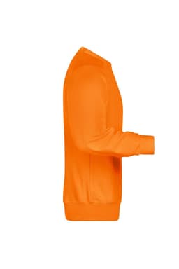 An orange jumper featured in a side view, with a simple design and ribbed cuffs. It has a logo on the chest.