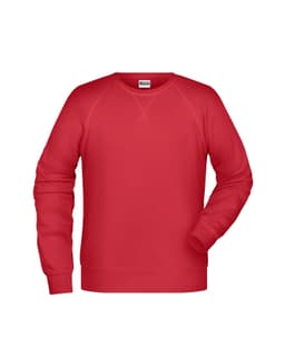 A red men's jumper with a classic design and a logo on the label.