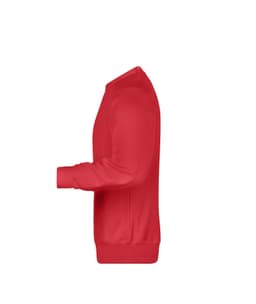 A red men's jumper with a simple design and ribbed cuffs. It features a side view highlighting its shape.