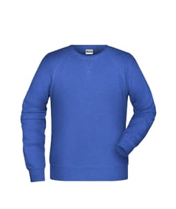 A blue men's sweater featuring a crew neckline and long sleeves. The garment has a logo on it.