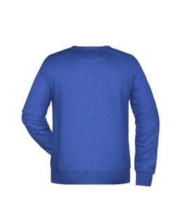A blue men's jumper with a simple design and a logo on the back.