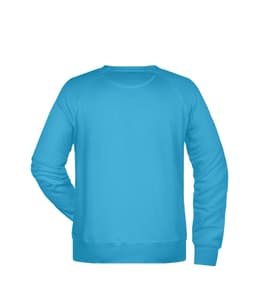 A blue men's jumper with a crew neck and long sleeves, featuring a plain back design and a branding logo.