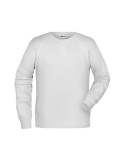 A white men's jumper with a raglan sleeve design and a logo on the label.