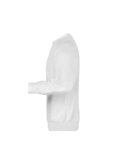 A white men's sweater with long sleeves, featuring a ribbed cuff and hem, and includes a logo.