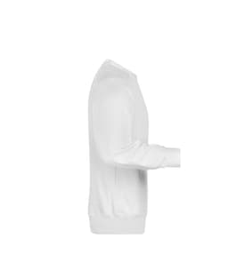 A white men's jumper with long sleeves and a crew neck, featuring a logo on the sleeve.