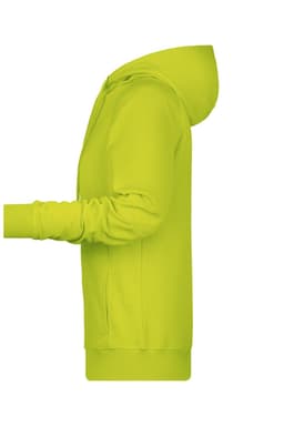 A ladies hoodie in bright lime green, featuring a hood and long sleeves. The side view highlights its design.