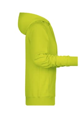 A bright lime green hoodie with a full zip and a hood, featuring long sleeves and a soft design.