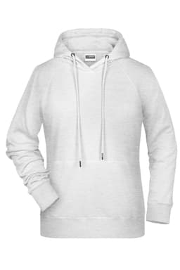 A light grey ladies hoodie with a front pocket and drawstring hood, featuring a logo.