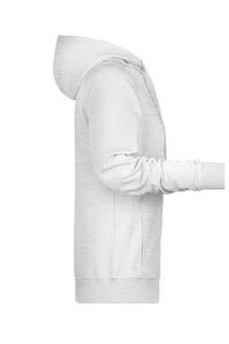A ladies hoodie in light grey with a front zip and a hood, featuring long sleeves and a branding logo.