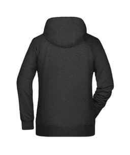 A black ladies hoodie featuring a hood and long sleeves, with a logo on the back.
