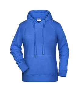 A blue ladies hoodie with a front pocket and a drawstring hood, featuring a subtle logo.