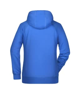 A blue ladies hoodie with a kangaroo pocket and a hood, featuring a logo on the back.
