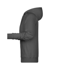 A grey ladies hoodie featuring a hood and long sleeves, with a side view showcasing the fit and design.