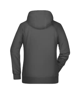 A grey ladies hoodie with a hood and long sleeves, featuring a plain design and a logo.