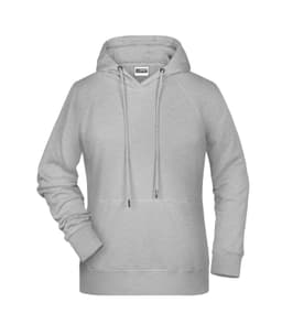 A grey ladies hoodie featuring a hood, drawstrings, and a front pocket, with a logo on the label.