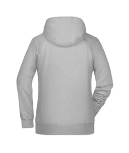 A grey ladies hoodie featuring a hood and long sleeves, with a smooth back design. It includes a logo.