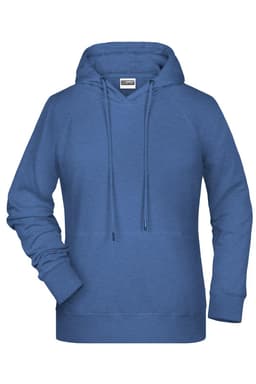 A blue ladies' hoodie featuring a front pocket and a drawstring hood, with a logo on the label.
