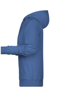 A blue ladies hoodie with a kangaroo pocket and long sleeves, featuring a hood and a logo.
