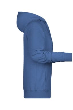 A blue ladies hoodie with a hood and long sleeves, featuring a side view design and a logo.