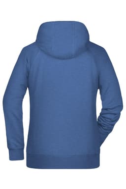 A blue ladies hoodie with a back view and a hood, featuring a logo on the design.