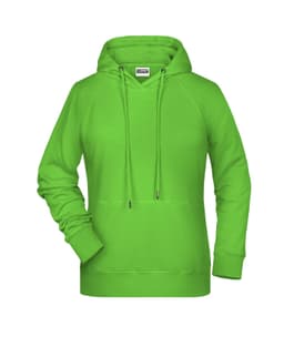 A vibrant green ladies hoodie with a front pocket and a drawstring hood. It features a logo.
