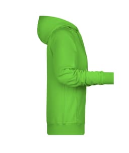 A green ladies hoodie with a hood, featuring long sleeves and a side view. It has a logo on the front.