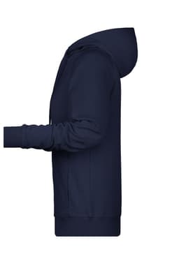 A navy ladies hoodie with a front pocket and a hood, displayed from a side view.
