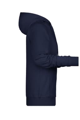 A navy ladies hoodie displayed from the side, featuring a hood and long sleeves. It has a logo on the front.