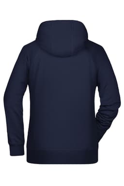 A navy blue ladies hoodie featuring a hood and a fitted design, with a logo on the back.