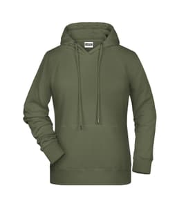 A ladies hoodie in olive green with a front pocket and drawstring hood. It features a logo.