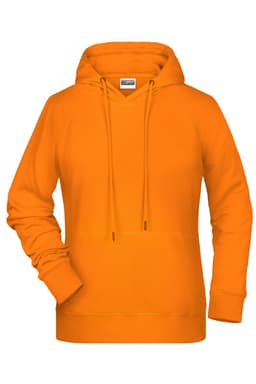 An orange ladies hoodie with a front pocket and a drawstring hood, featuring a logo.