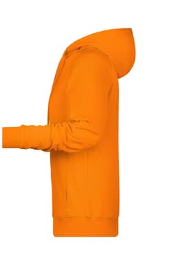 An orange ladies hoodie with a full-zip front and a hood, featuring long sleeves and a side view.