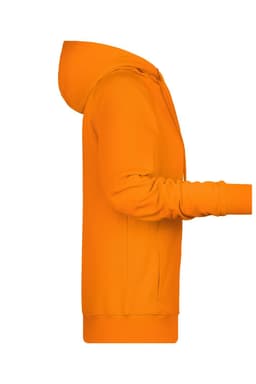 An orange ladies hoodie featuring a hood and long sleeves, displayed from a side angle.