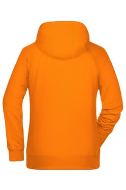 An orange ladies hoodie with a hood and long sleeves, featuring a plain back design.