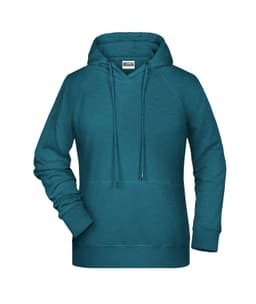 A teal ladies hoodie with a front pocket and adjustable drawstring hood. Includes branding.