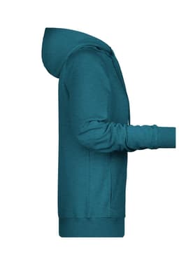 A teal ladies hoodie with a hood and long sleeves, featuring a logo on the front.