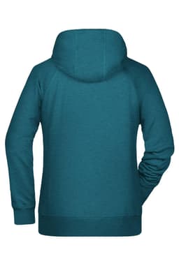 A teal ladies hoodie with a hood and long sleeves, featuring a sleek design and a small logo on the back.