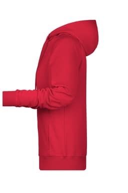 A red ladies hoodie featuring a kangaroo pocket and a hood, with a logo on it.