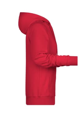 A red ladies hoodie displayed from the side, featuring a hood and long sleeves. The item has a simple design and a logo.