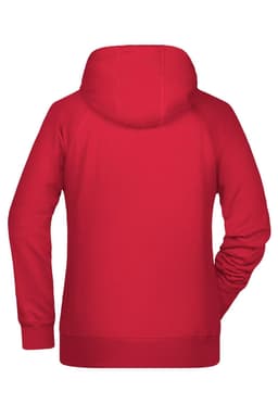 A red ladies hoodie with a hood and long sleeves, featuring a simple design on the back.