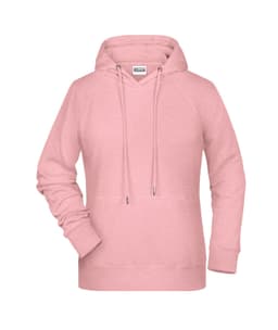 A pink ladies hoodie with a front pouch pocket, drawstring hood, and ribbed cuffs. It features a logo on the label.