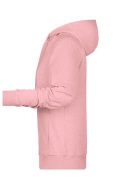 A pink ladies hoodie with a front pocket and a hood. Features long sleeves and a smooth texture.