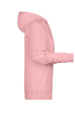 A pink ladies hoodie showcasing a side view, featuring a hood and long sleeves. The image includes a logo.