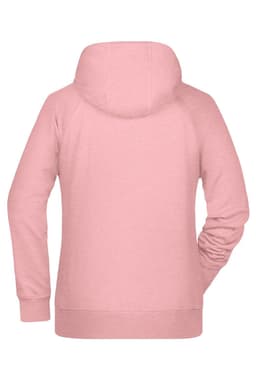 A pink ladies hoodie with a kangaroo pocket and a hood, featuring a logo on the back.